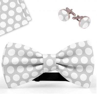 Set papion barbati, batista, butoni, gri, buline albe, mari